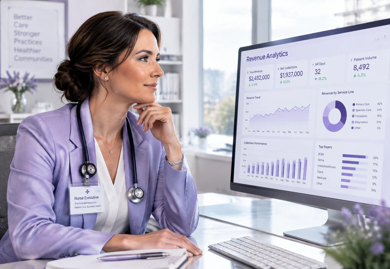 Nurse executive reviewing practice revenue analytics